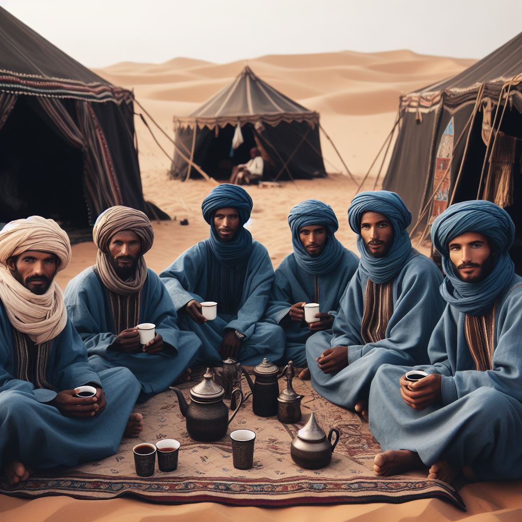 Eine Gruppe Tuareg vor ihren Zelten.