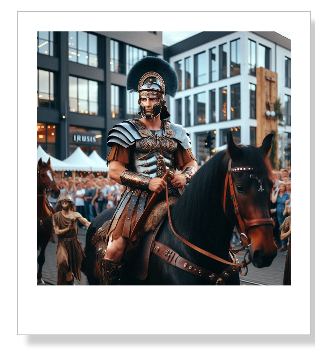römischer Reiter auf einem modernen Stadtfest