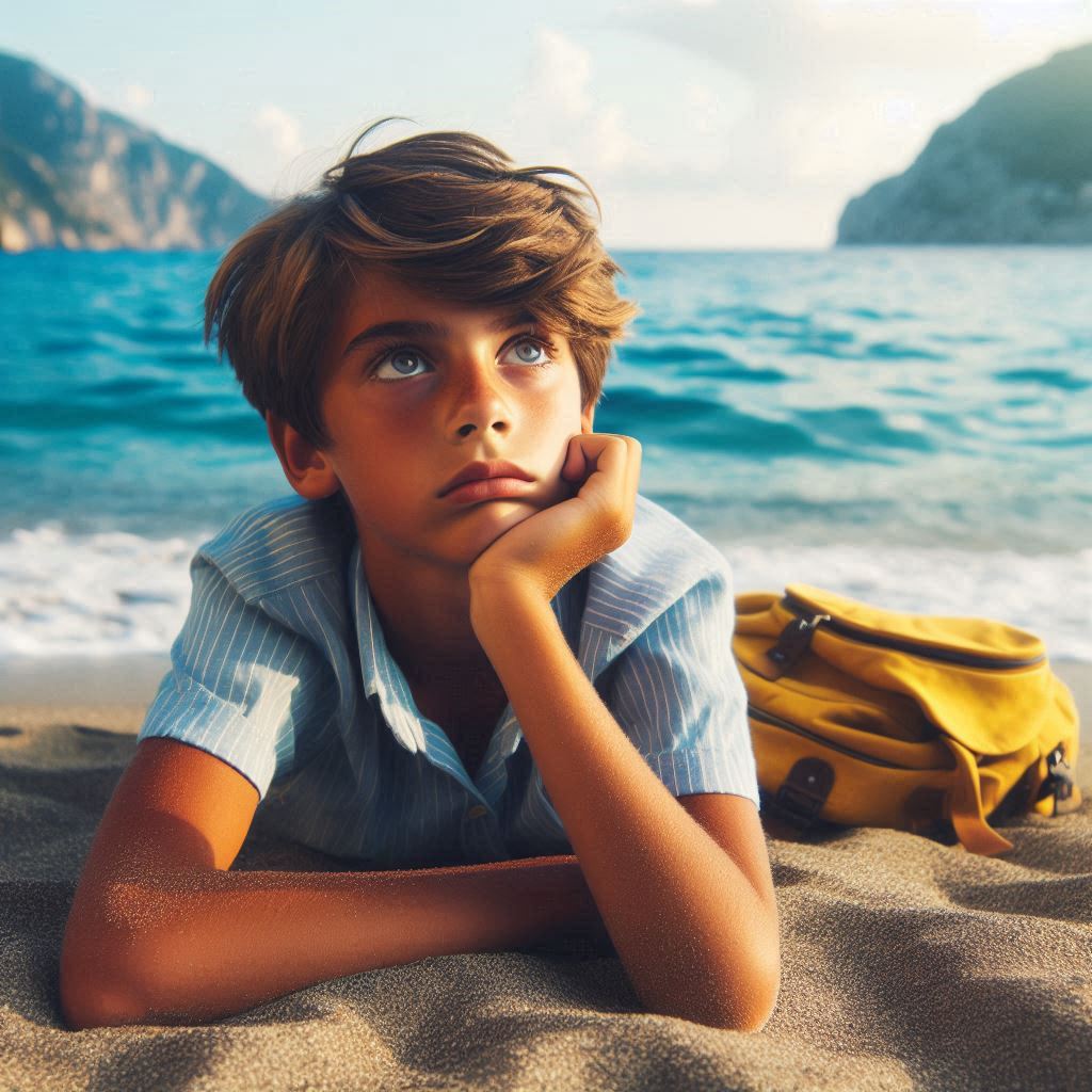 Junge am Strand, der nachdenkt