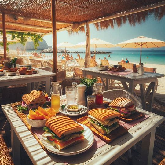 gedeckter Tisch mit Panini, Tramezzini und Salaten an einer Strandbar