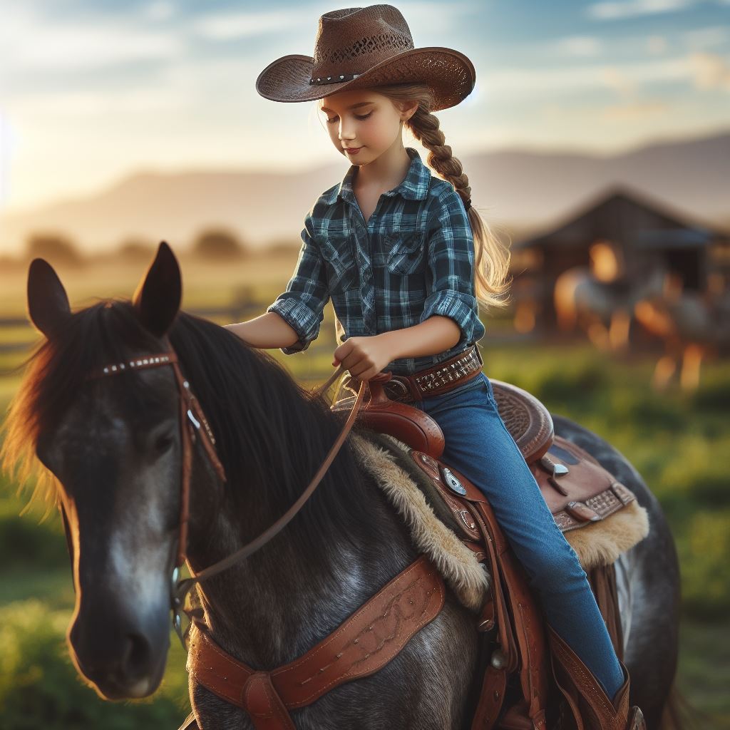 junges Cowgirl auf einem schwarzen Pferd