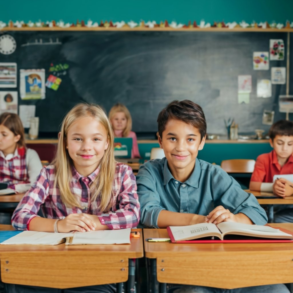 A girl and a boy in their classroom