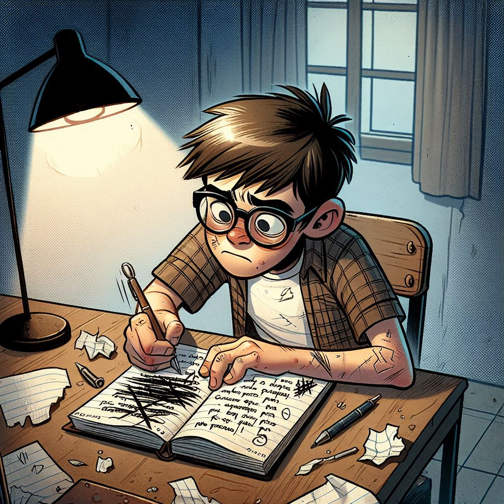 Jake, a 13-year-old boy with glasses, is sitting in his room and writing a diary entry