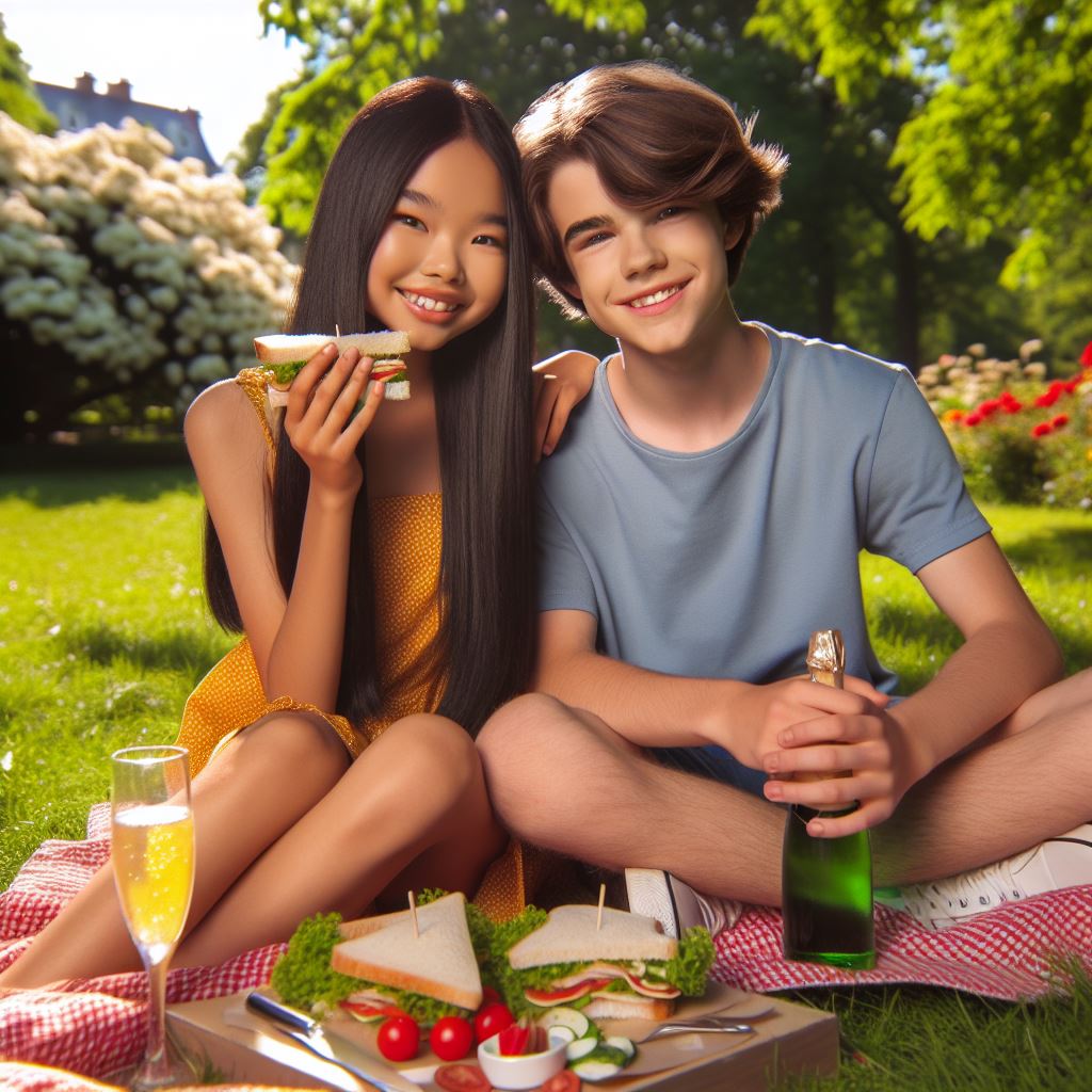 A teenager girl and boy are having a picknick in a park with some sandwiches and a sparkling juice.