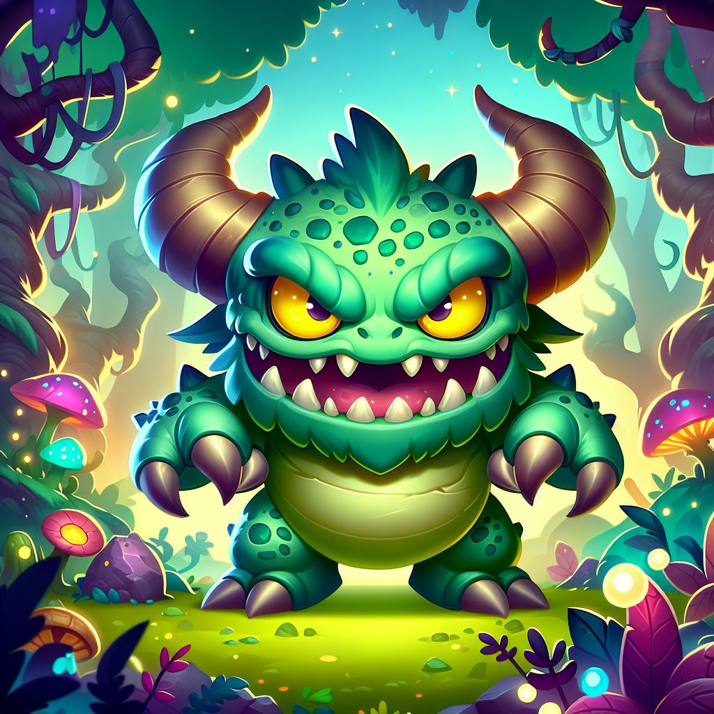 A fantasy animal from the planet Glimzar with big horns and reptile, green skin. It has a big, scary smile and sharp teeth