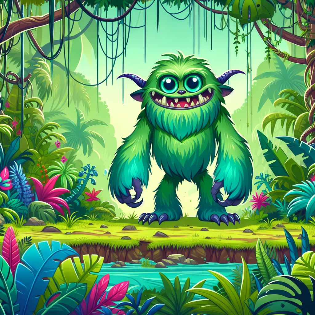 A monkey-like animal from the planet Grimzar. The animal has green fur a big, happy smile and big, bright blue eyes and horns