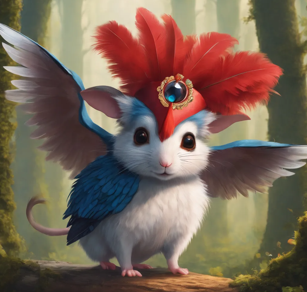 The Royal flapper-squik - a mouse-bird animal with wings and a glowing red-feather hat on the top of its head