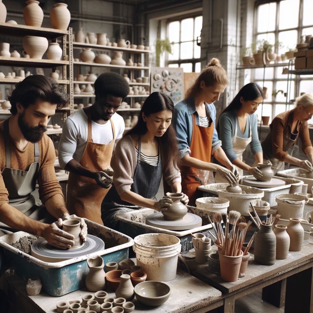 a pottery studio with people doing pottery