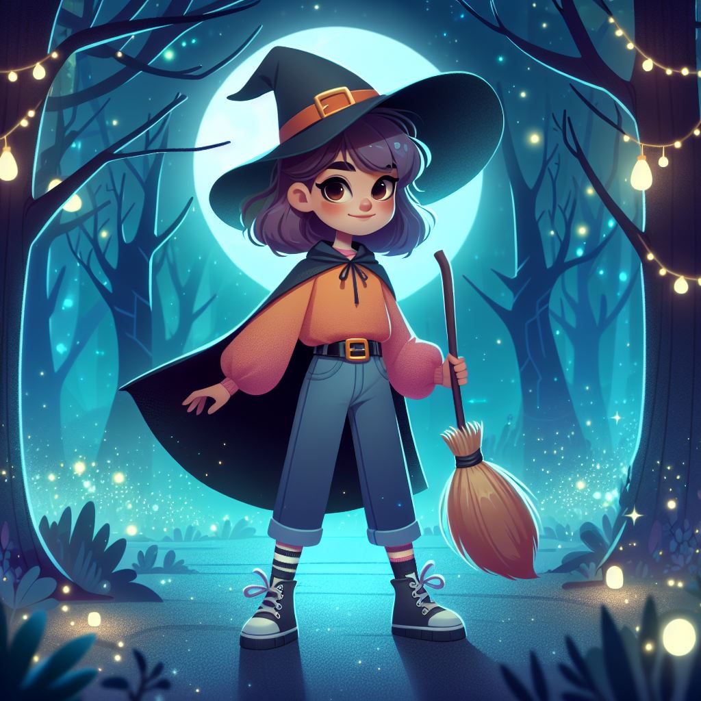 Mira the Magician stands in the forest behind her is the full moon and she wears a wizard hat and in her hand is a broom