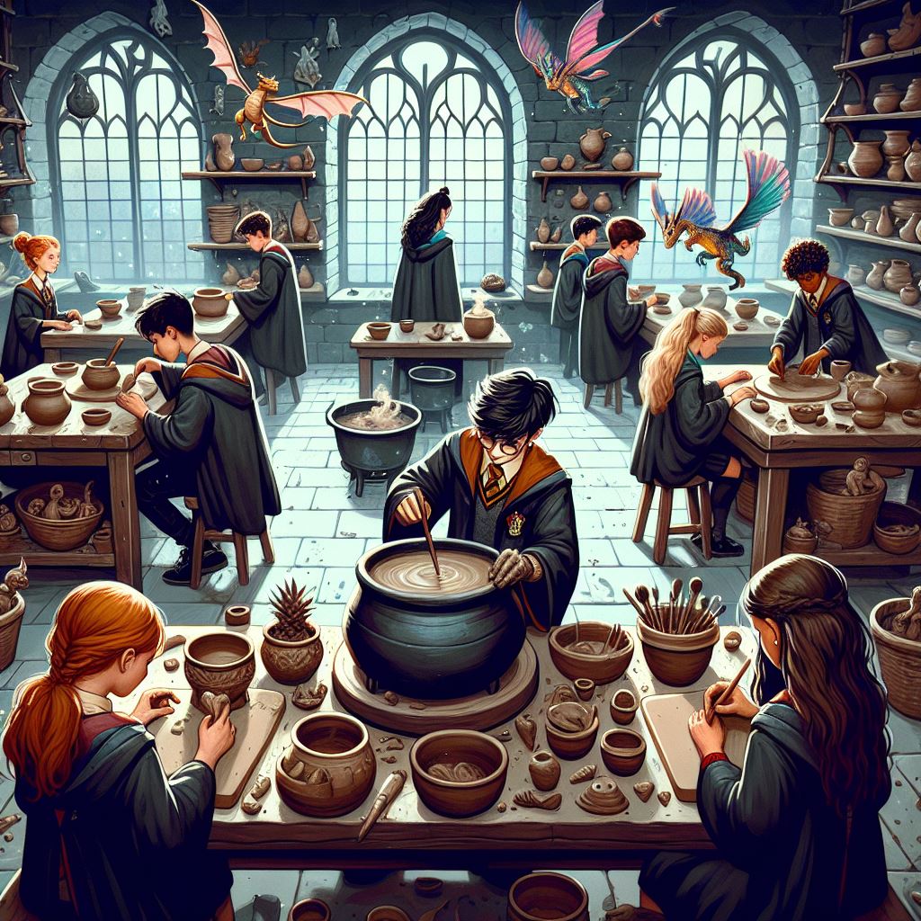another classroom with pottery projects