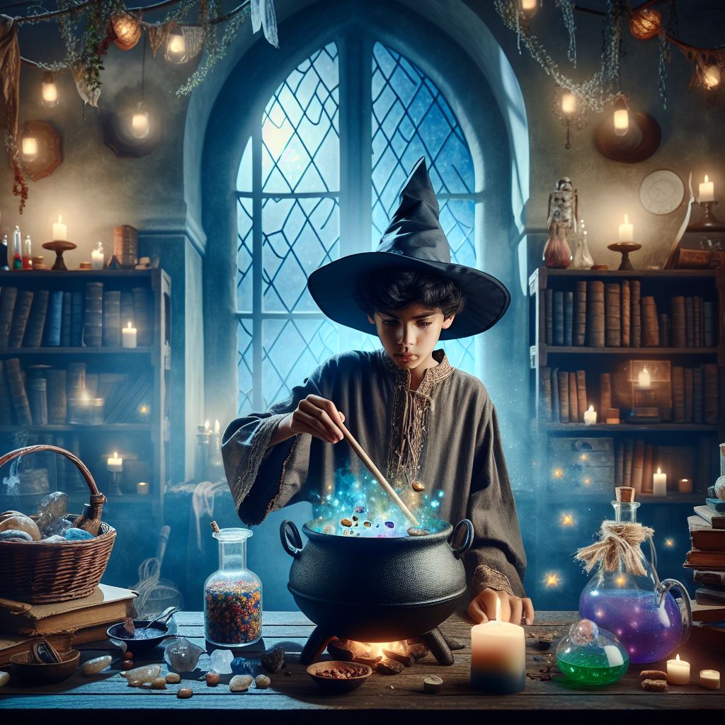 a young student in a potion's classsroom brewing a potion in a cauldron