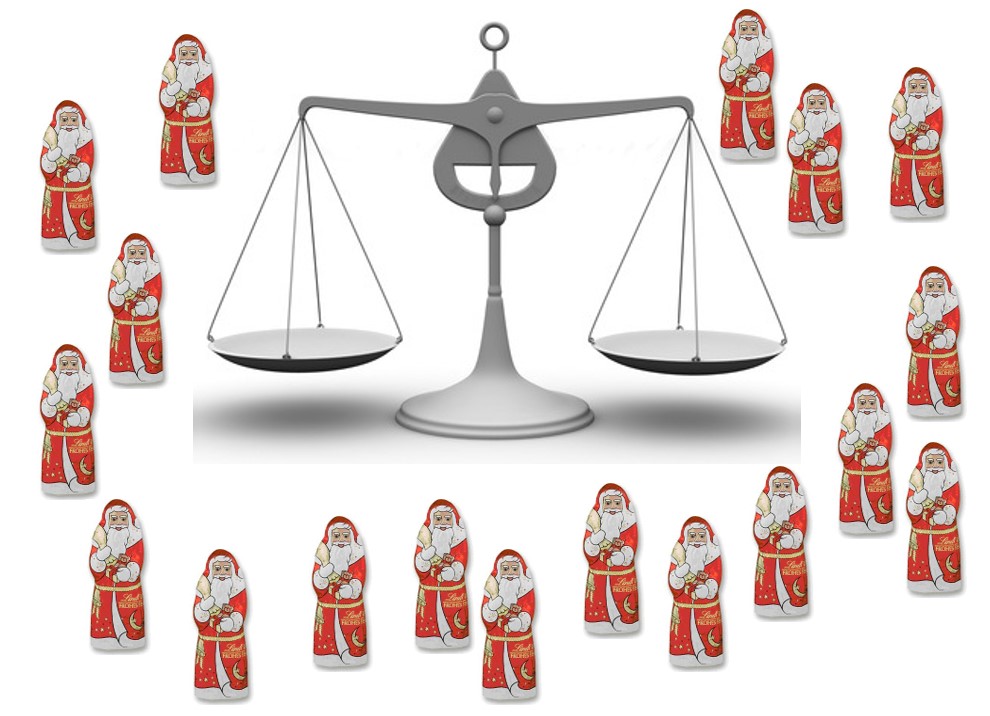 Weihnachtsmänner und Balkenwaage