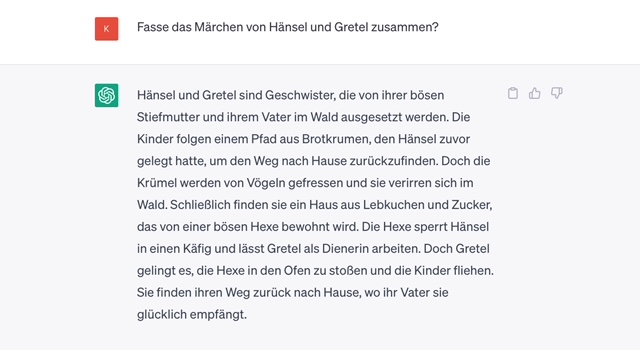 Prompt mit Text (ChatGTP) zum Thema H&auml;nsel und Gretel